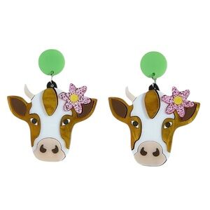 Brown Cow Earrings with Pink Flower